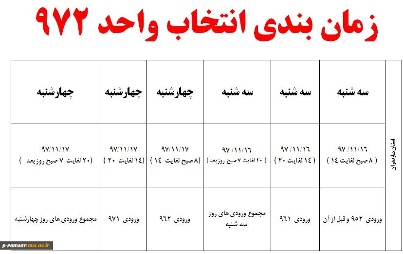 زمان انتخاب واحد 972